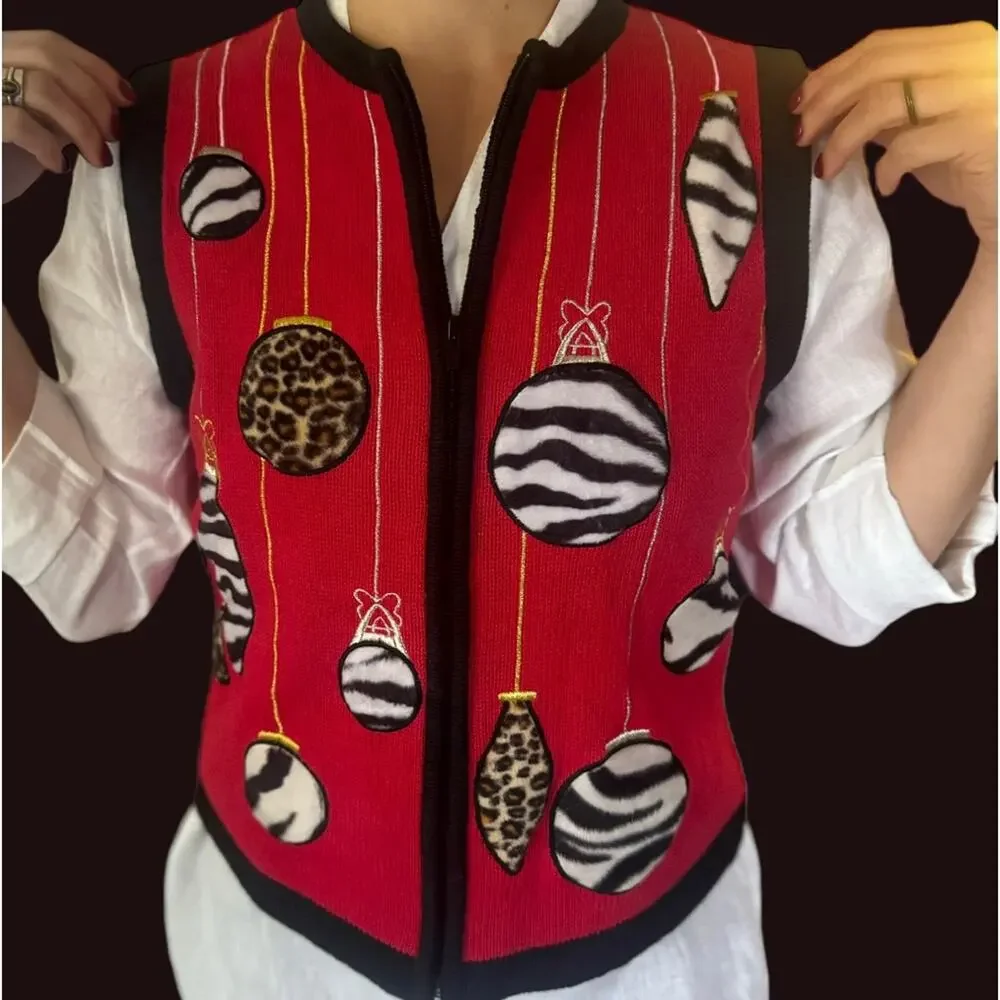 Animal Print Cheetah Zebra Christmas Ornament Zipper Sweater Vest Small Vintage - Picture 1 of 11